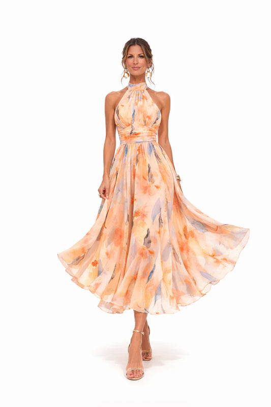 Vestido de Cuello Halter con Estampado de Acuarela