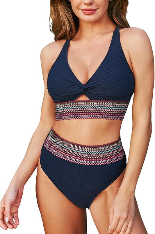 Bikini de tiro alto con detalle multicolor
