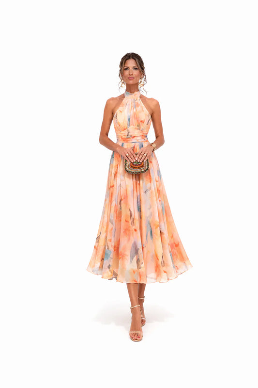 Vestido de Cuello Halter con Estampado de Acuarela