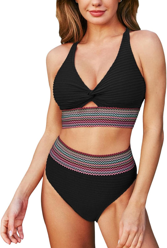 Bikini de tiro alto con detalle multicolor